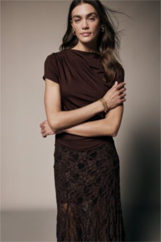 Woman Brown Slim Fit Boat Neck Soft Touch Short Sleeve T-Shirt