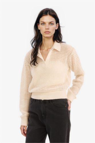 Relax Fit Polo Neck Basic Openwork Knit Pullover