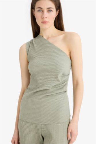 WOMAN Green Slim Fit Camisole One Shoulder Tank Top