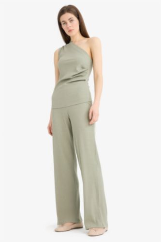 بنطلون مضلع وايد ليج برجل واسع