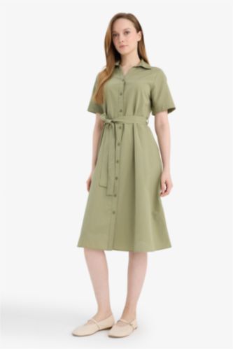 Kadın Haki A Kesim Gömlek Yaka Kuşaklı Poplin Kısa Kollu Midi Elbise