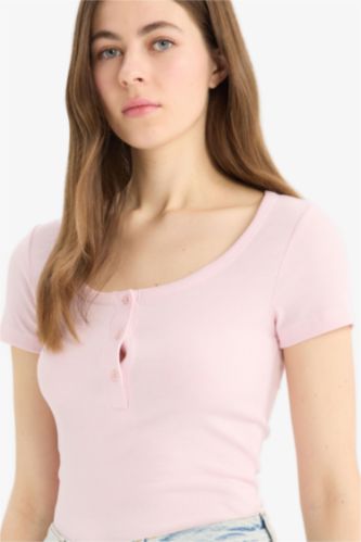 WOMAN Light Pink Slim Fit Round Neck Ribbed Camisole T-Shirt