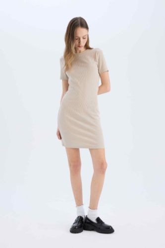 Coool Bodycon Vücudu Saran Bisiklet Yaka Fitilli Kaşkorse Kısa Kollu Mini Elbise