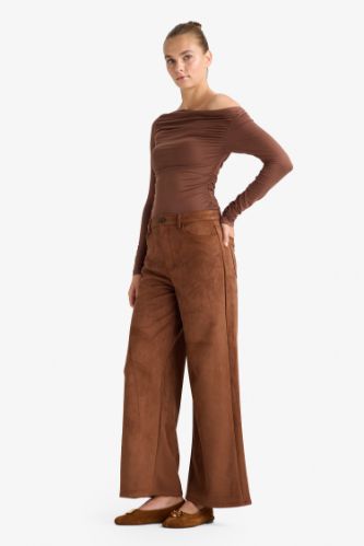 Straight Fit Fermuarlı Yüksek Bel Standart Boy Süet Pantolon