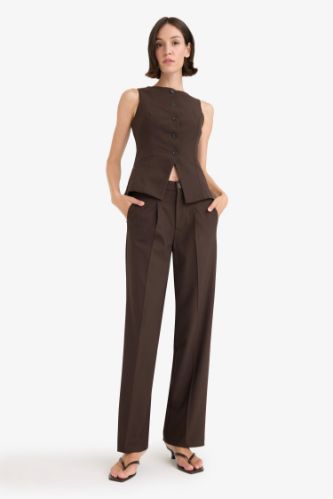 Wide Leg Fermuarlı Yüksek Bel Standart Boy Pantolon