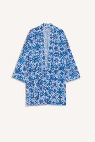 Relax Fit Bisiklet Yaka Desenli Viskon Kimono