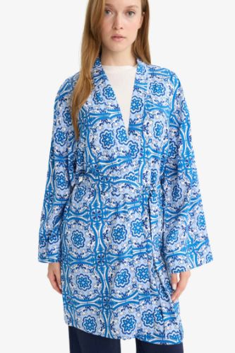 Relax Fit Bisiklet Yaka Desenli Viskon Kimono