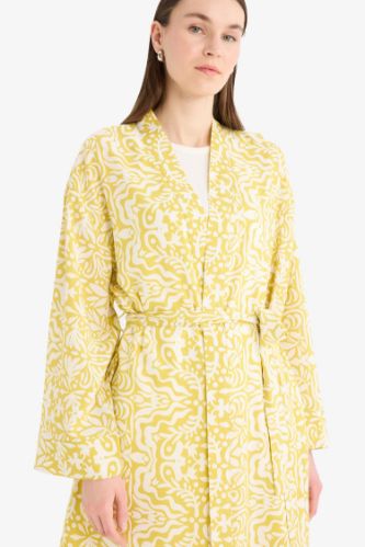 Relax Fit Bisiklet Yaka Desenli Viskon Kimono