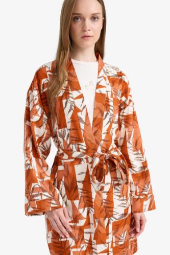 Relax Fit Bisiklet Yaka Desenli Viskon Kimono