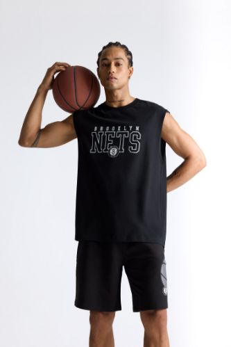 %100 Pamuk DeFactoFit NBA Brooklyn Nets Oversize Geniş Kalıp Bisiklet Yaka Atlet