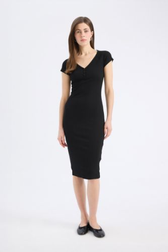 Bodycon Vücudu Saran V Yaka Fitilli Kaşkorse Kısa Kollu Midi Elbise
