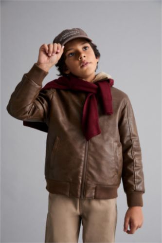 Boy Polo Collar Plush Faux Leather Jacket