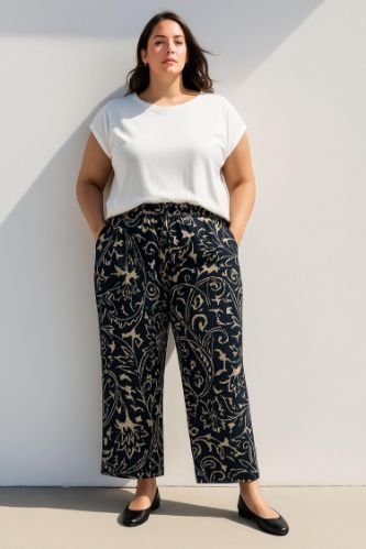 Wide Leg Desenli Kumaş Pantolon Yüksek Bel Geniş Paça