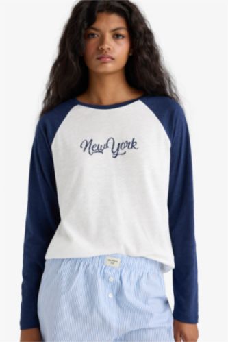 Regular Fit Bisiklet Yaka Uzun Kollu Flamlı Pamuk Üst-Fall in Love