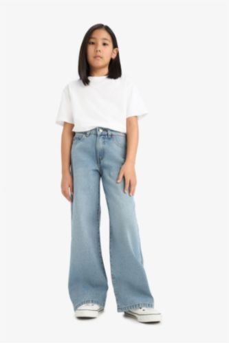 بنطرون جينز بناتي وايد ليج برجل واسع بجيب