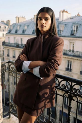 Woman Brown Oversize Jacket Collar Blazer