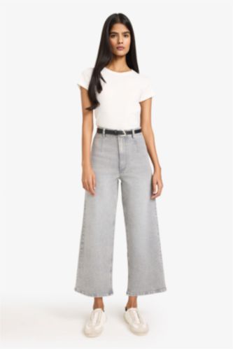 Женщины Серый Джинсы кюлоты с высокой талией прямыми штанинами и эффектом варки