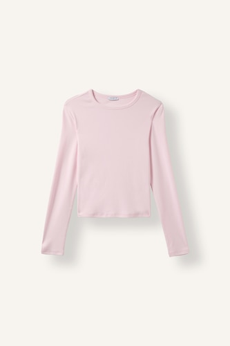 Kadın Açık Pembe Fıtted Bisiklet Yaka Ribana Uzun Kollu Tişört