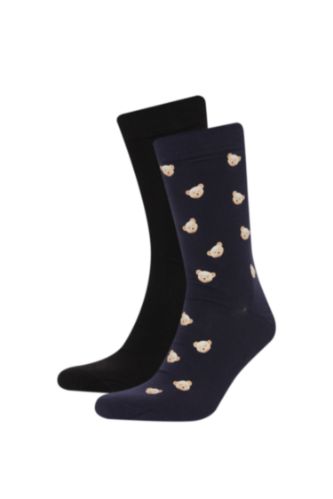 Erkek Karma Erkek Dikişsiz Bear Baskılı 2'li Penye Pamuklu Premium Uzun Çorap