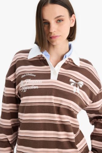 Coool Loose Fit Polo Yaka Çizgili Sweatshirt