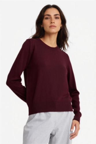 Женщины Бордовый Regular Fit трикотажный свитер с круглым вырезом