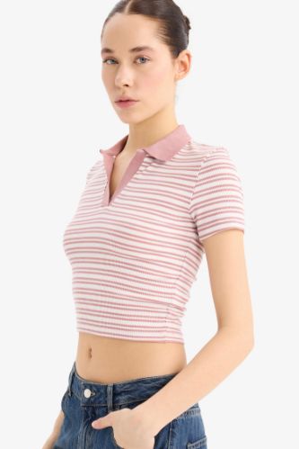 Fitted Polo Yaka Çizgili Fitilli Kaşkorse Kısa Kollu Tişört