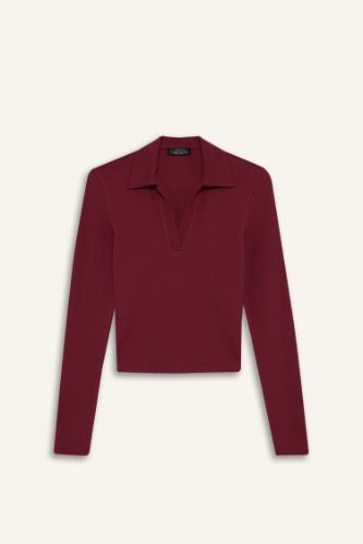 Fitted Polo Yaka Basic Düz Modal Uzun Kollu Tişört
