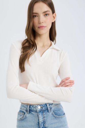 Fitted Polo Yaka Basic Düz Modal Uzun Kollu Beyaz Tişört