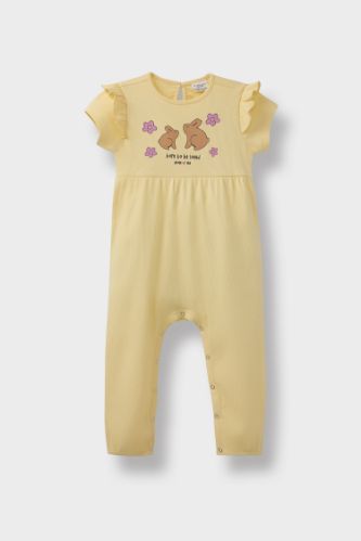 Kız Bebek Yenidoğan Baskılı Fitilli Kaşkorse Kısa Kollu Tulum