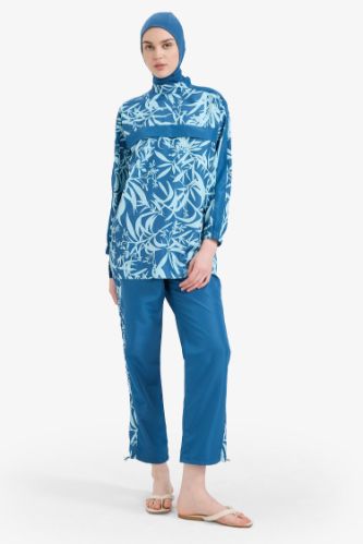 Regular Fit Renk Bloklu 3'lü Desenli Burkini Tesettür Mayo Takım