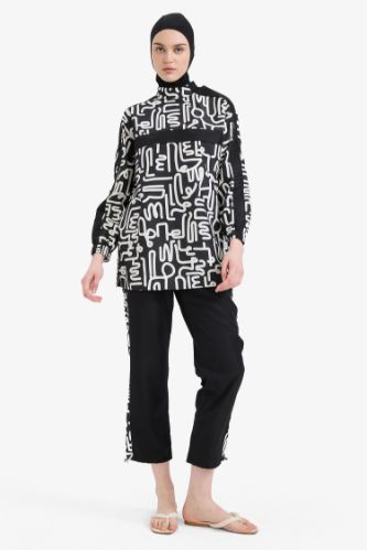 Regular Fit Desenli 3'lü Basic Düz Burkini Tesettür Mayo Takım