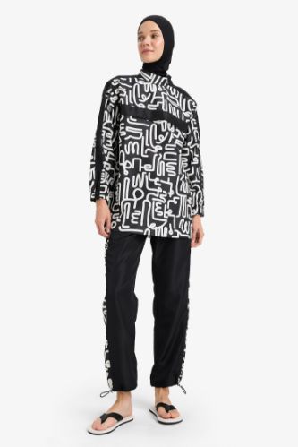 Regular Fit Su İtici 3'lü Desenli Burkini Tesettür Mayo Takım