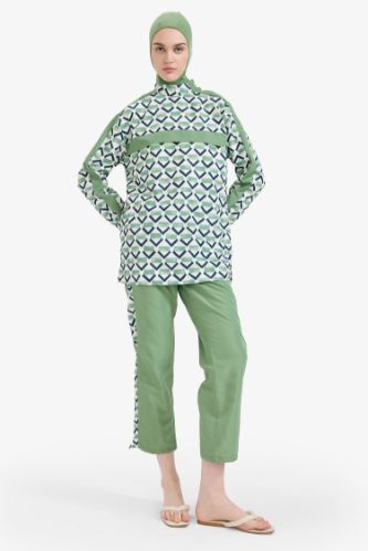 Regular Fit Desenli 3'lü Basic Düz Burkini Tesettür Mayo Takım