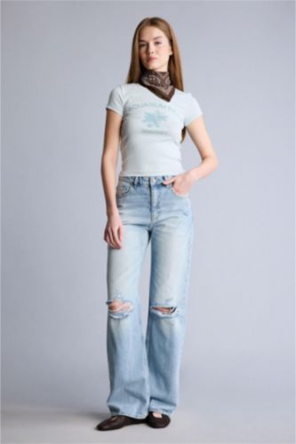 Kadın Mavi Afra x Defacto Straıght Wıde Yırtık Detaylı Yüksek Bel  Jean Yıkamalı Pantolon