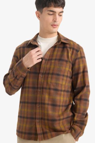 Regular Fit Polo Collar Plaid Flanel Long Sleeve Shirt