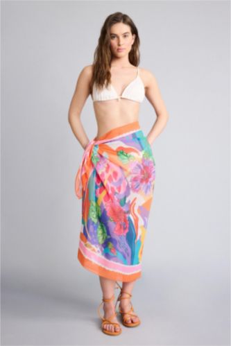 Woman Orange Fall in Love Regular Fit Tropical Patterned Chiffon Pareo Beachwear