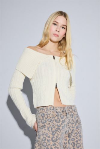 Regular Fit Açık Omuz Fermuarlı Triko Hırka