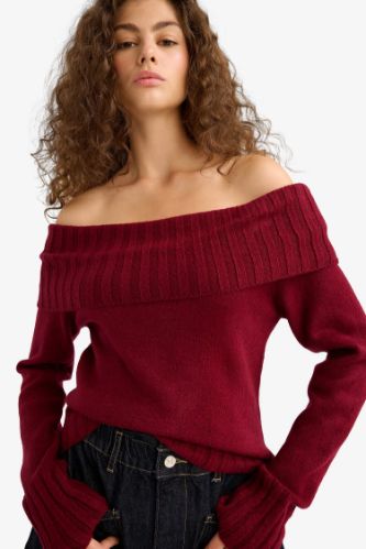 Slim Fit Dar Kesim Açık Omuz Triko Kazak