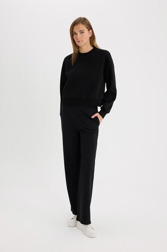 WOMAN Black Straight Fit Thin Sweatshirt Fabric Trousers