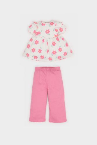Kız Bebek 2'li Takım Çiçekli Kısa Kollu Bluz Beli Lastikli Pantolon