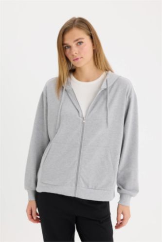 Relax Fit Hooded Basic Thin Sweatshirt Fabric Cardigan