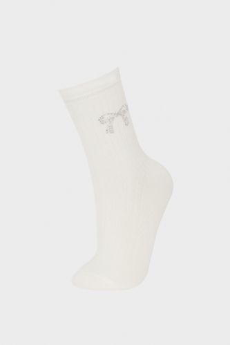 Kadın Dikişsiz Parlak Kurdele Baskılı Penye Pamuklu Premium Uzun Çorap