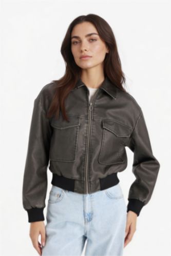 Женщины Антрацит Куртка Поло С Молнией Из Искусственной Кожи С Карманами