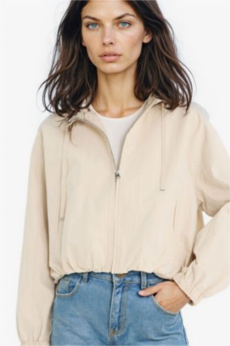 Su Geçirmez Regular Fit Kapüşonlu Fermuarlı Crop Mont