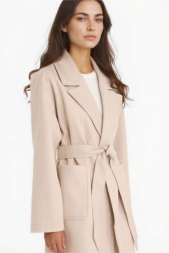 Kadın Ekru Regular Fit Kuşaklı Kaşe Kaban