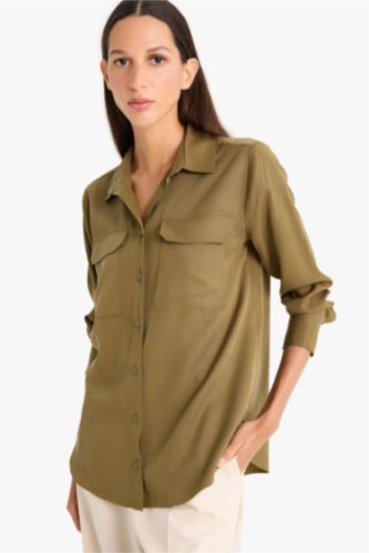 Тенсел рубашка Regular Fit с воротником и длинными рукавами.