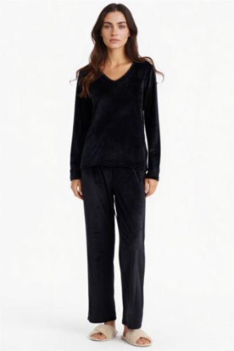 Kadın Siyah Pijama Takımı Regular Fit Uzun Kollu Velur Üst Uzun Alt