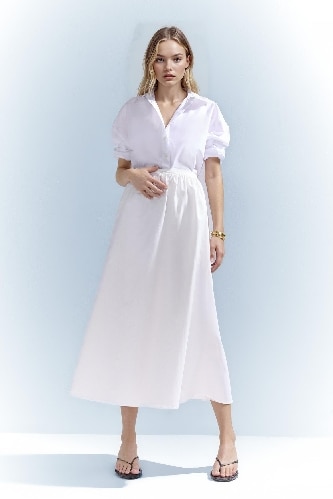 A Kesim Normal Bel Yarım Astar Poplin Midi Etek