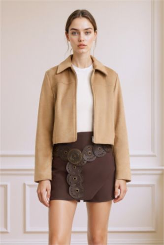 Su Geçirmez Regular Fit Polo Yaka Fermuarlı Süet Ceket Mont