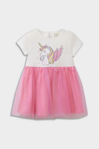Kız Bebek Unicorn Baskılı Kısa Kollu Tül Elbise